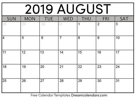Calendar For August 2019 Printable